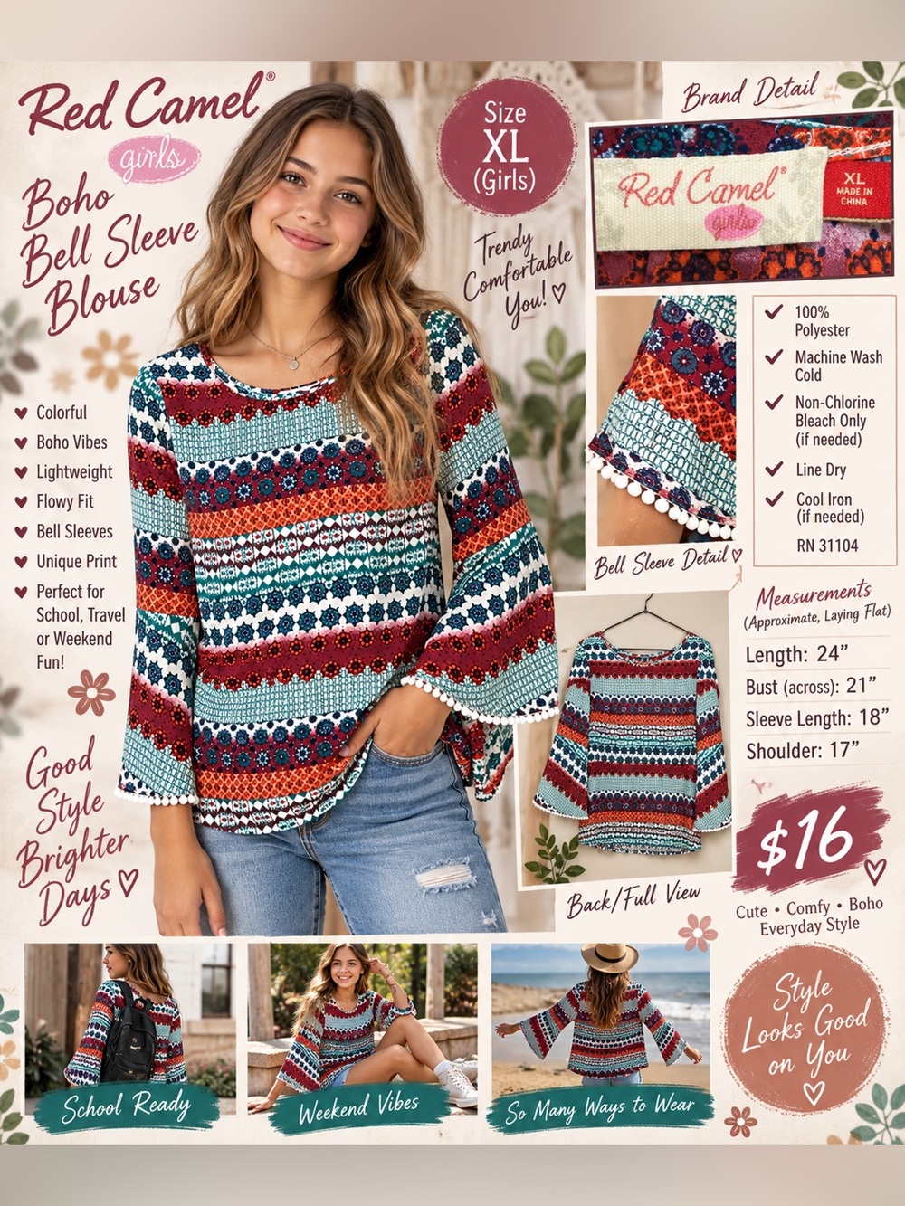 Red Camel Striped Bell Sleeve Tunic in Red, Teal, and White